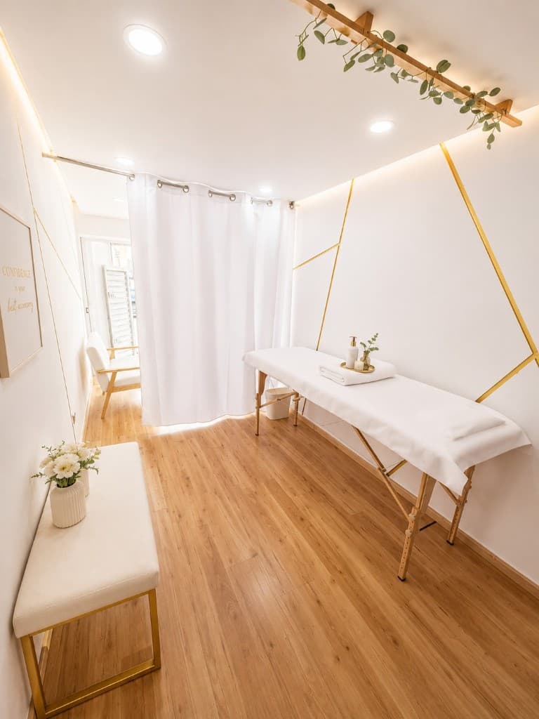 Cabina de tratamiento con camilla blanca, decoración dorada y ambiente minimalista