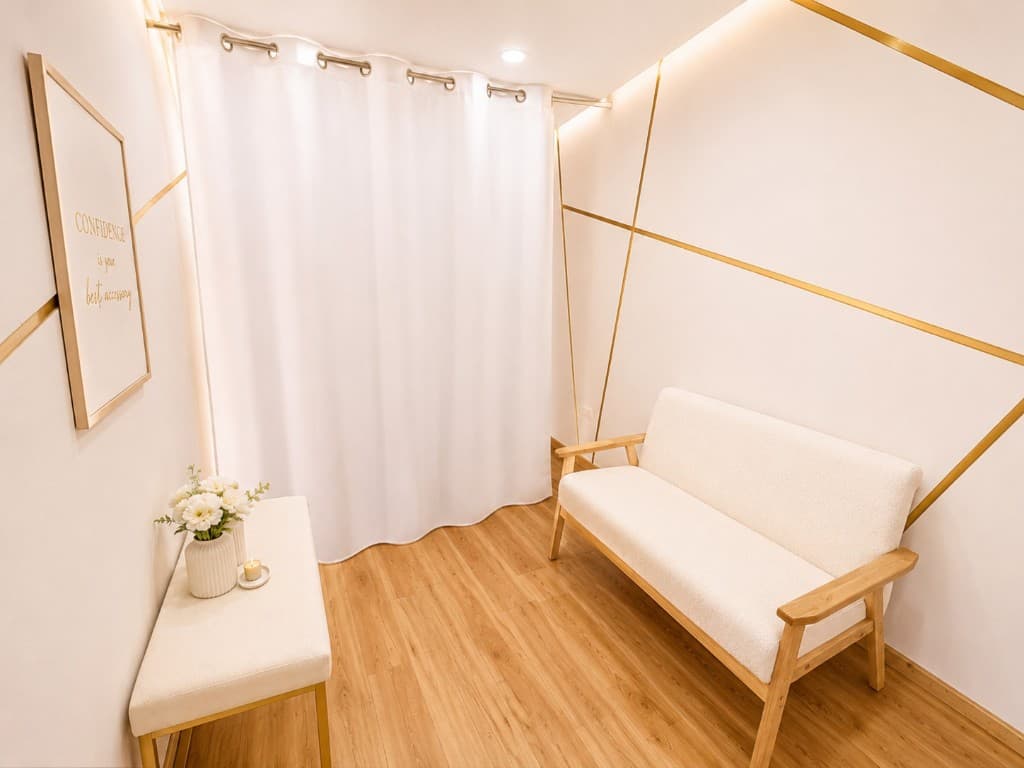 Sala de espera de Depil Gabs con sofá beige, detalles dorados y atmósfera cálida
